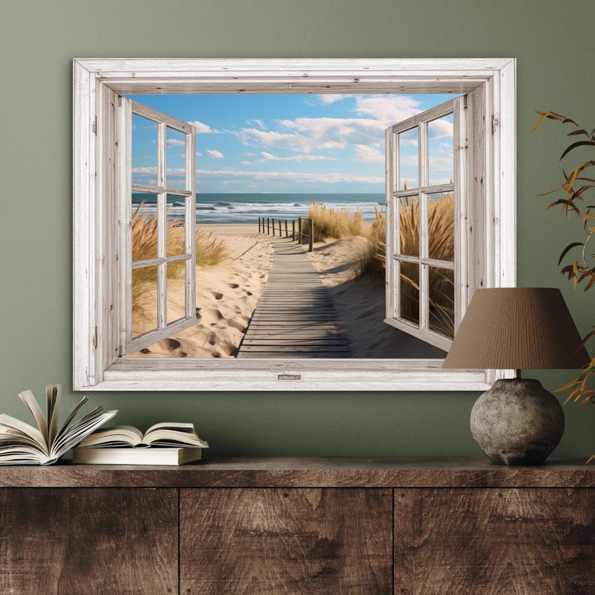 METALLBILD Fenster - Meer - Küste - Natur - Ausblick - Strand - Wattenmeer 80x60 cm - Beige, Metall (80/60cm) - MuchoWow