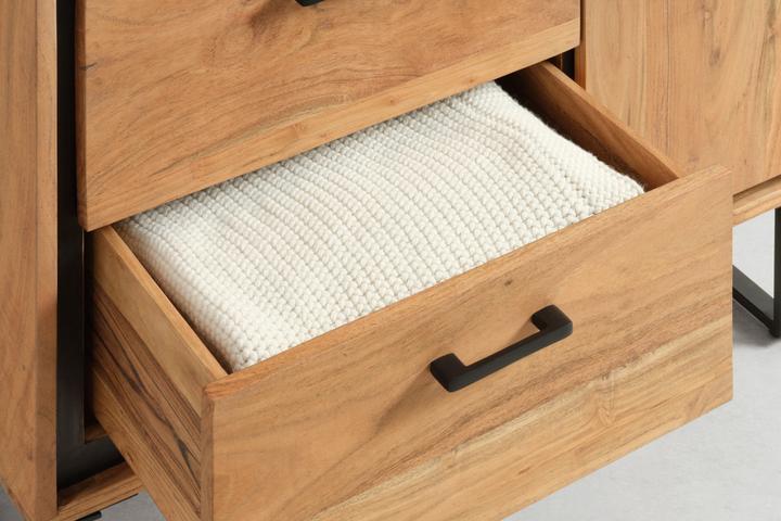 HIghboard Echtholz Akazie Bügelgriffe Eisen pulverbeschichtet Schwarz 2 Schubladen 2 Drehtüren