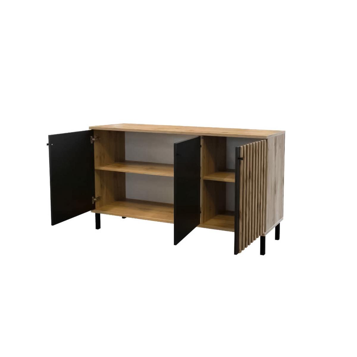 KOMMODE DRAVEN 150/85/45cm mit Schubladen 3 Türen Eiche Wotan - Eiche Wotan/Schwarz, Holzwerkstoff (150/85/45cm) - MASSENO