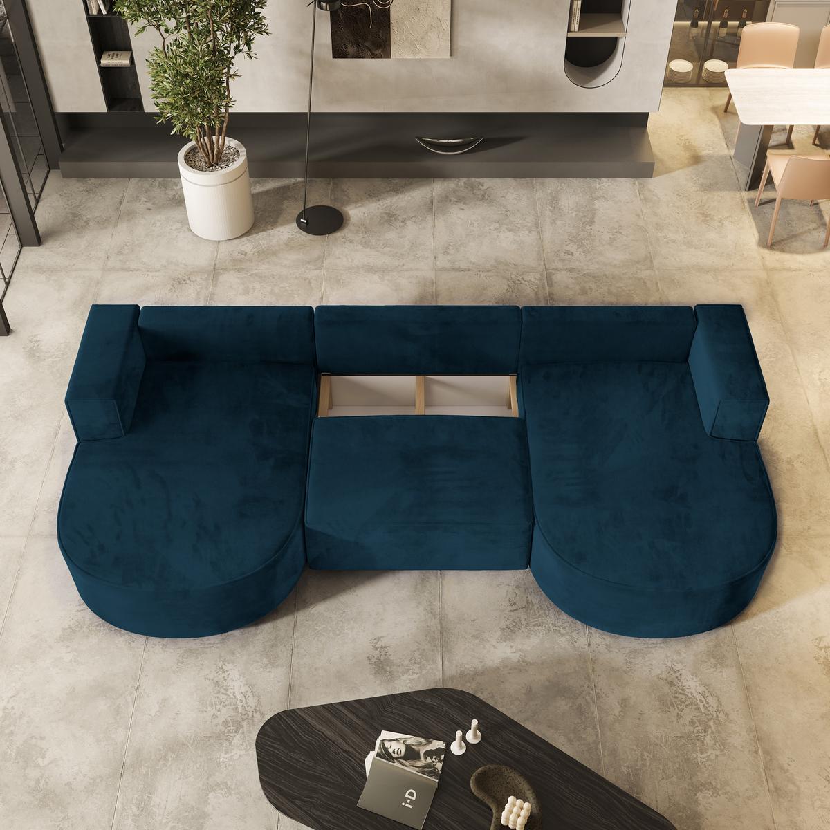 WOHNLANDSCHAFT VEZZO M Blau Velours-Stoff mit Schlaffunktion - Blau, Holz (347/85/174cm) - MASSENO