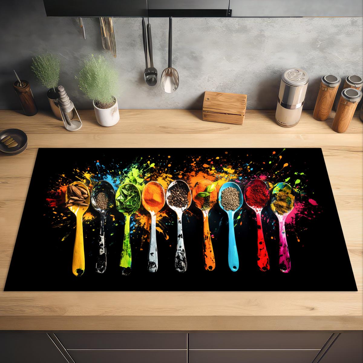 HERDABDECKPLATTE Löffel - Gewürze - Modern - Graffiti - Farbe - Farbenfroh Induktionsschutz 91.6x52.7 cm - Multicolor, Kunststoff (91.6/52.7/0.2cm) - MuchoWow
