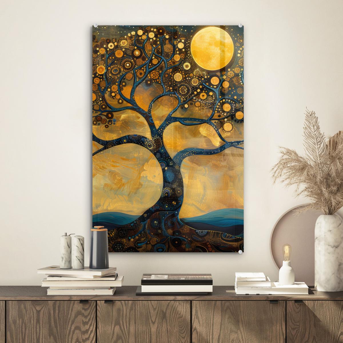 ACRYLGLASBILD Baum - Mond - Blumen - Gold - Kunst Wanddeko Wohnzimmer 40x60 cm - Orange, Glas (40/60cm) - MuchoWow