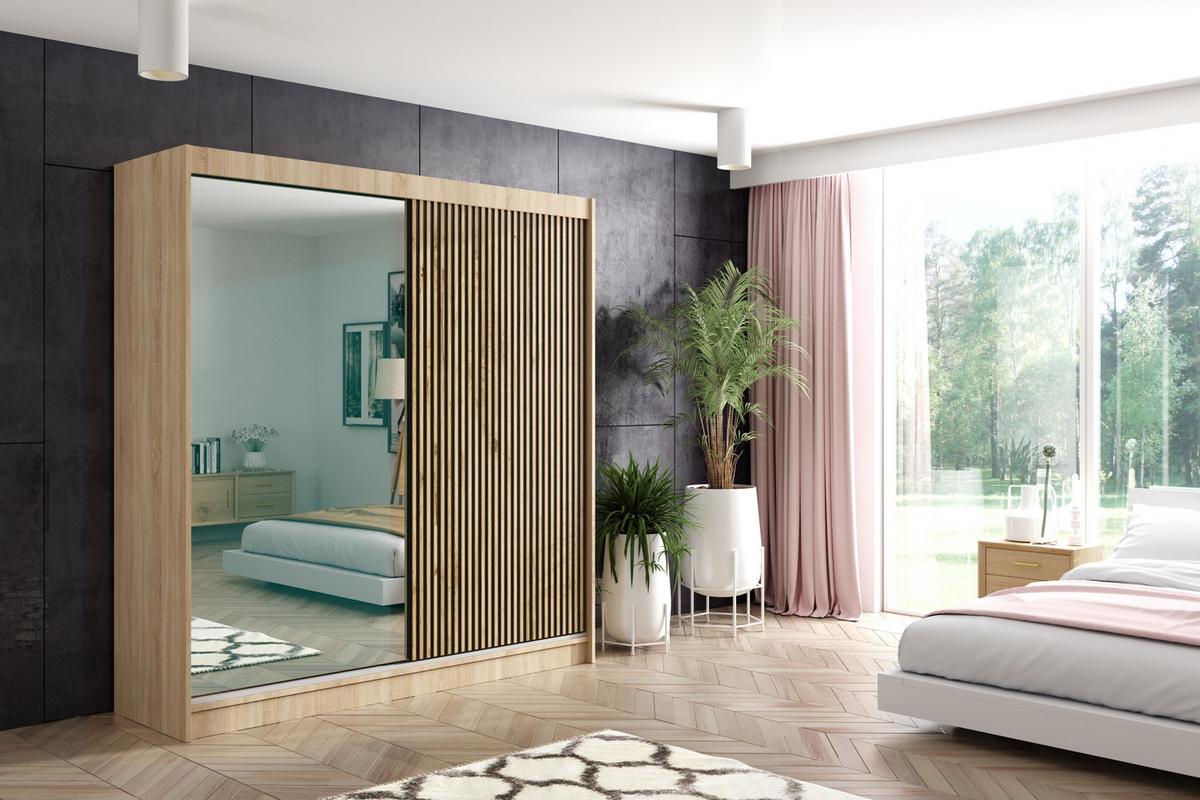 KLEIDERSCHRANK VILAN mit Spiegel/LED - 200 cm - Sonoma Eiche|Eiche Wotan - Eiche Wotan/Sonoma Eiche, Holzwerkstoff (200/215/61cm) - ALTDECOR