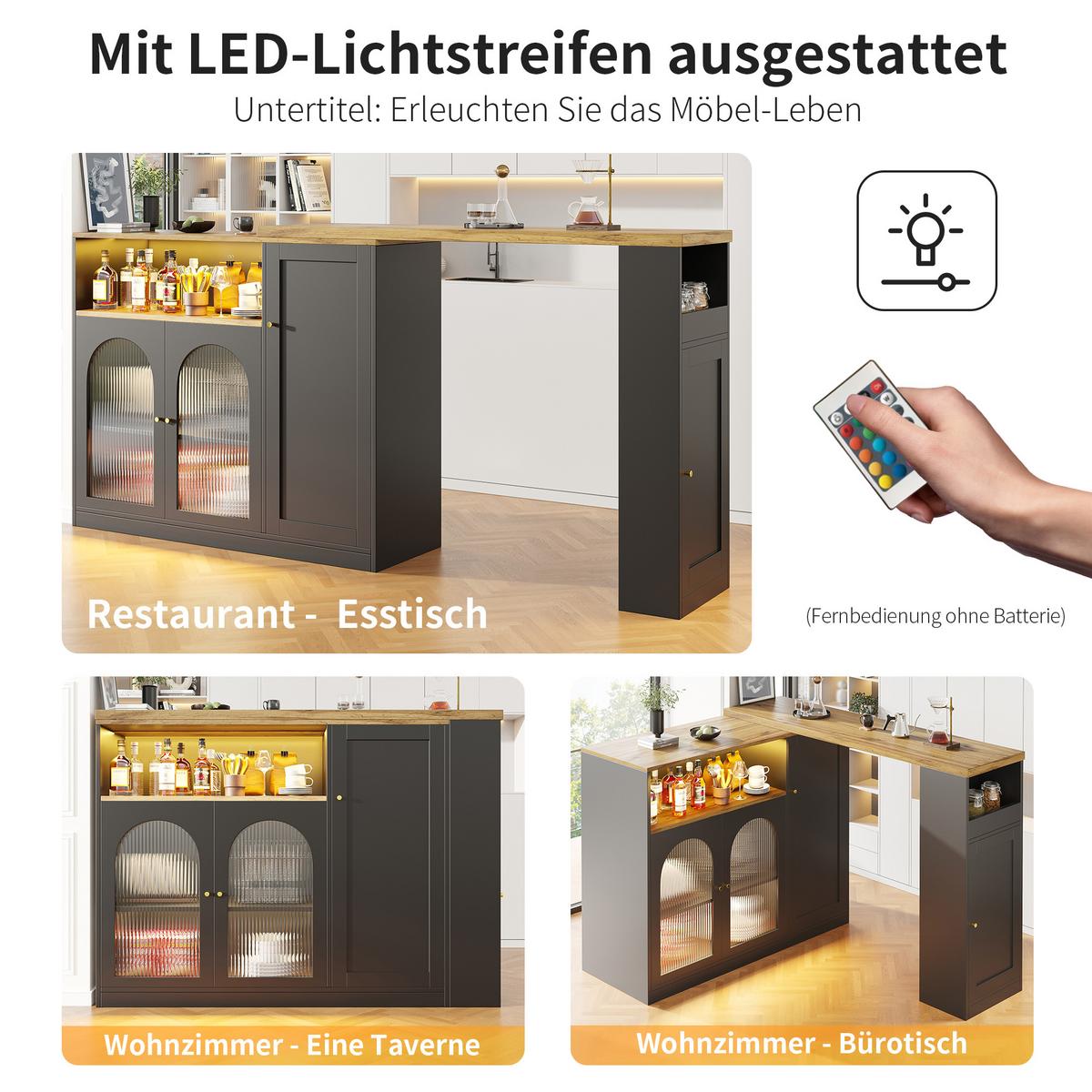 BARTISCH 360° Drehbar Schwarz & Holzoptik Barset mit LED, Glasschrank & Stauraum - Schwarz, Holzwerkstoff (39.6/197/100cm) - Urban Meuble