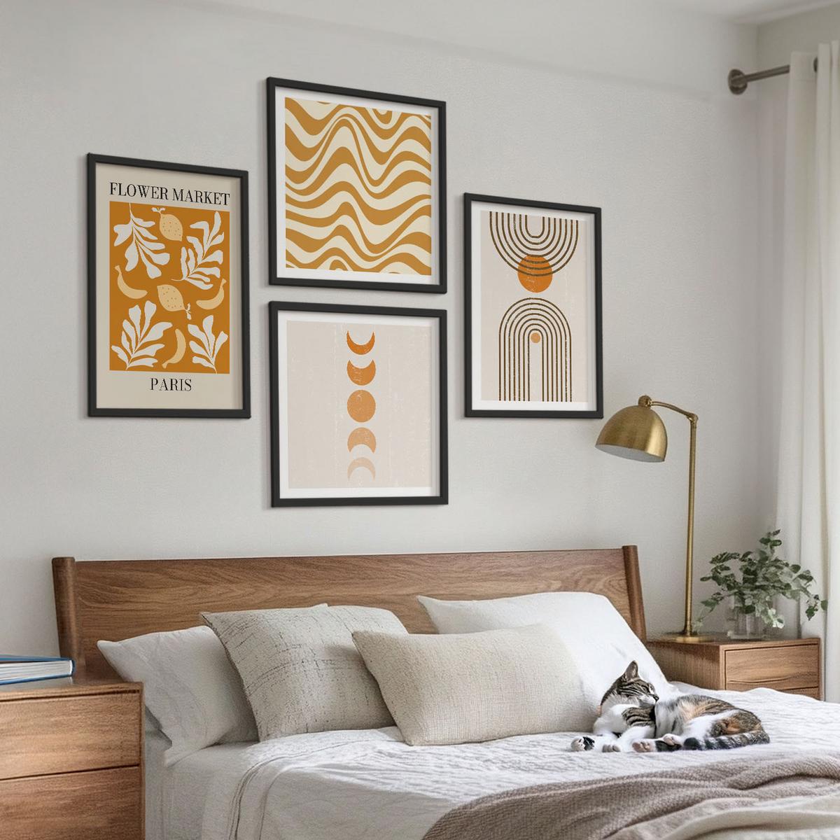 BILDER SET 4er Set - 50x50 cm & 40x60 cm Schwarzer Rahmen - Geometrische Pflanzenmuster - Schwarz, Kunststoff (50/50cm) - TULUP