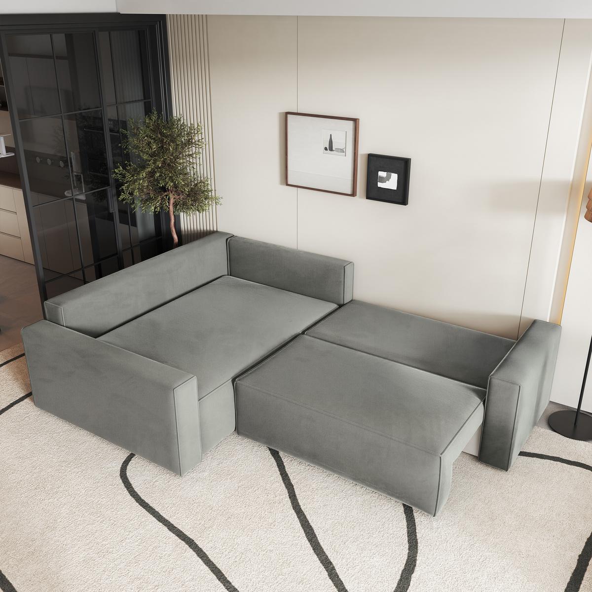 ECKSOFA ERONIS L-S Hellgrau Velours-Stoff mit Schlaffunktion - Hellgrau, Holz (265/194cm) - MASSENO