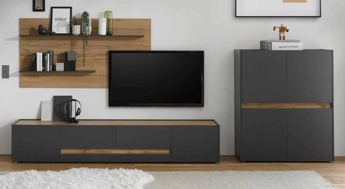 WOHNWAND 3-teilig grau matt, Eiche Wotan 343 cm, Schrankwand mit mit XL-TV-Schrank - Eiche Wotan/Grau, Holz/Holzwerkstoff (360/180/45cm) - Furn.Design
