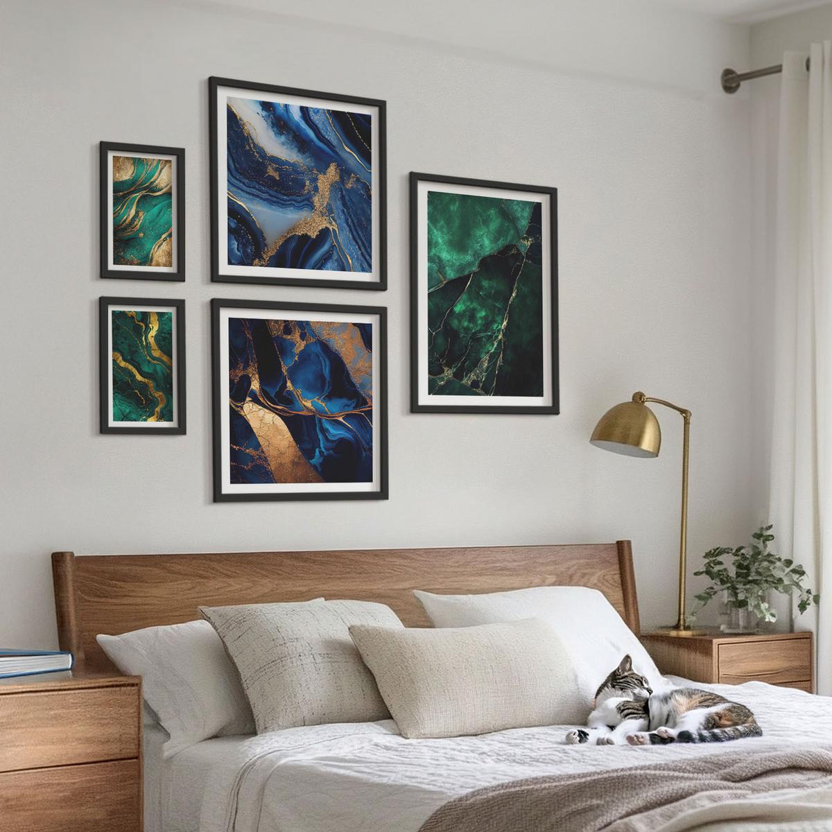 BILDER SET 5er Set - 50x50 cm & 20x30 cm & 40x60 cm Schwarzer Rahmen - Blumen, heller Hintergrund, Marmormuster - Schwarz, Kunststoff (40/60cm) - TULUP