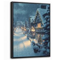 LEINWAND Bilder mit Rahmen - Weihnachtsdorf - Weihnachten - Schnee - Winter - 30x40 - Dunkelblau, Textil (30/40cm) - MuchoWow