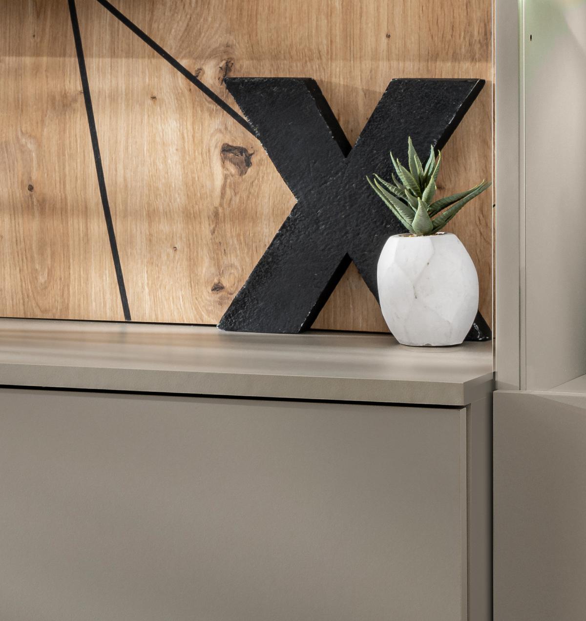 WOHNWAND Lehm-Grau, Eiche Artisan 200 cm, Schrankwand inklusive LED Beleuchtung, Wandpaneel - Hellgrau/Eiche Artisan, Glas/Holzwerkstoff (200/148/35cm) - Inn.Furn