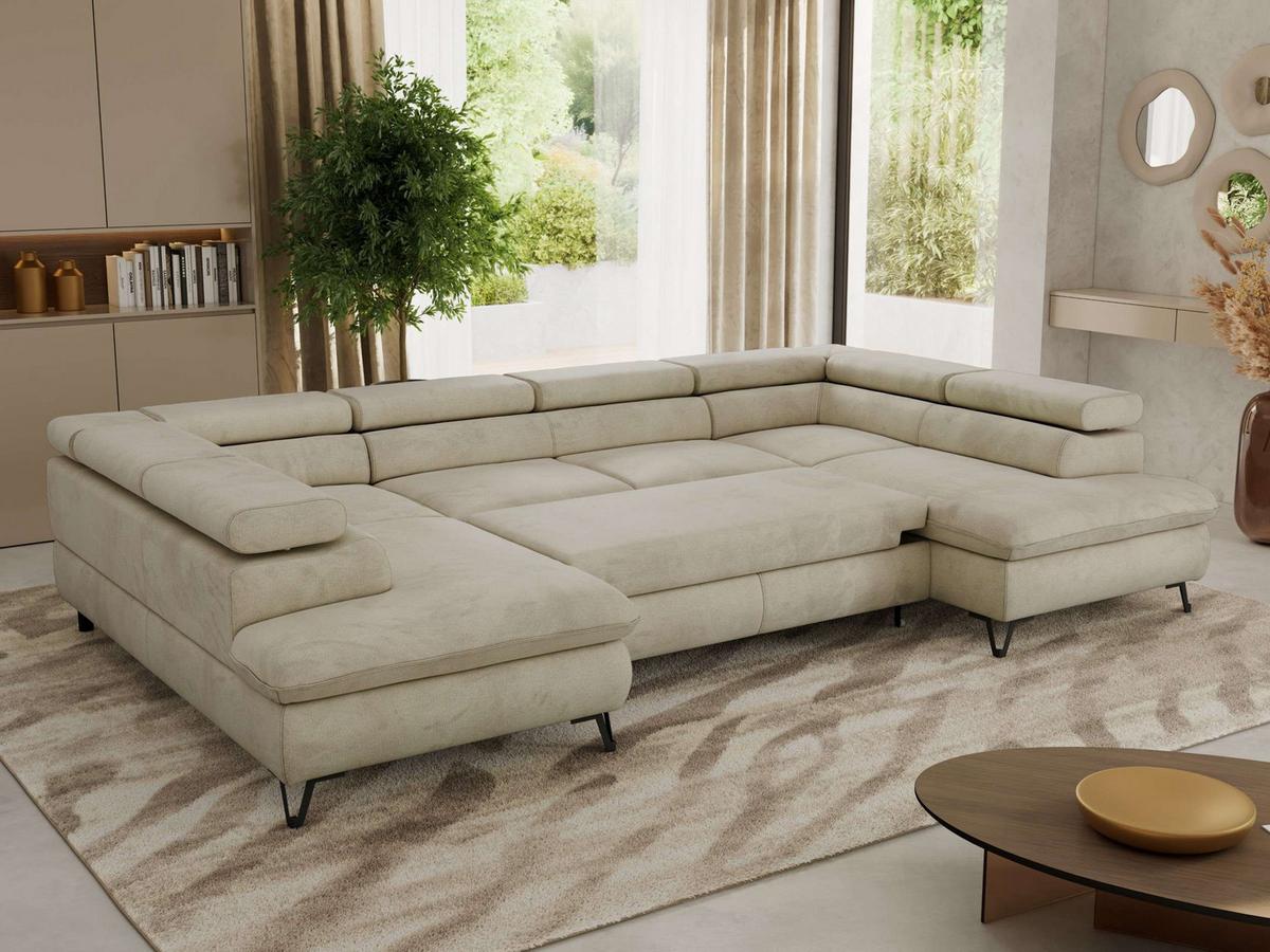 WOHNLANDSCHAFT PABLO U Velvet Beige - Beige/Schwarz, Textil/Metall (346/76/208cm) - MKS