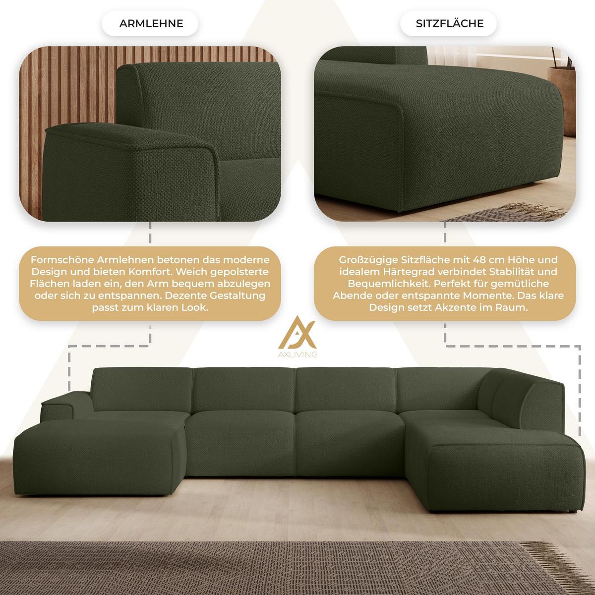 WOHNLANDSCHAFT Didim Grün 378/220/78 cm – großes Sofa stilvoll & bequem R - Schwarz/Grün, Kunststoff/Textil (378/78/220cm) - AX Living