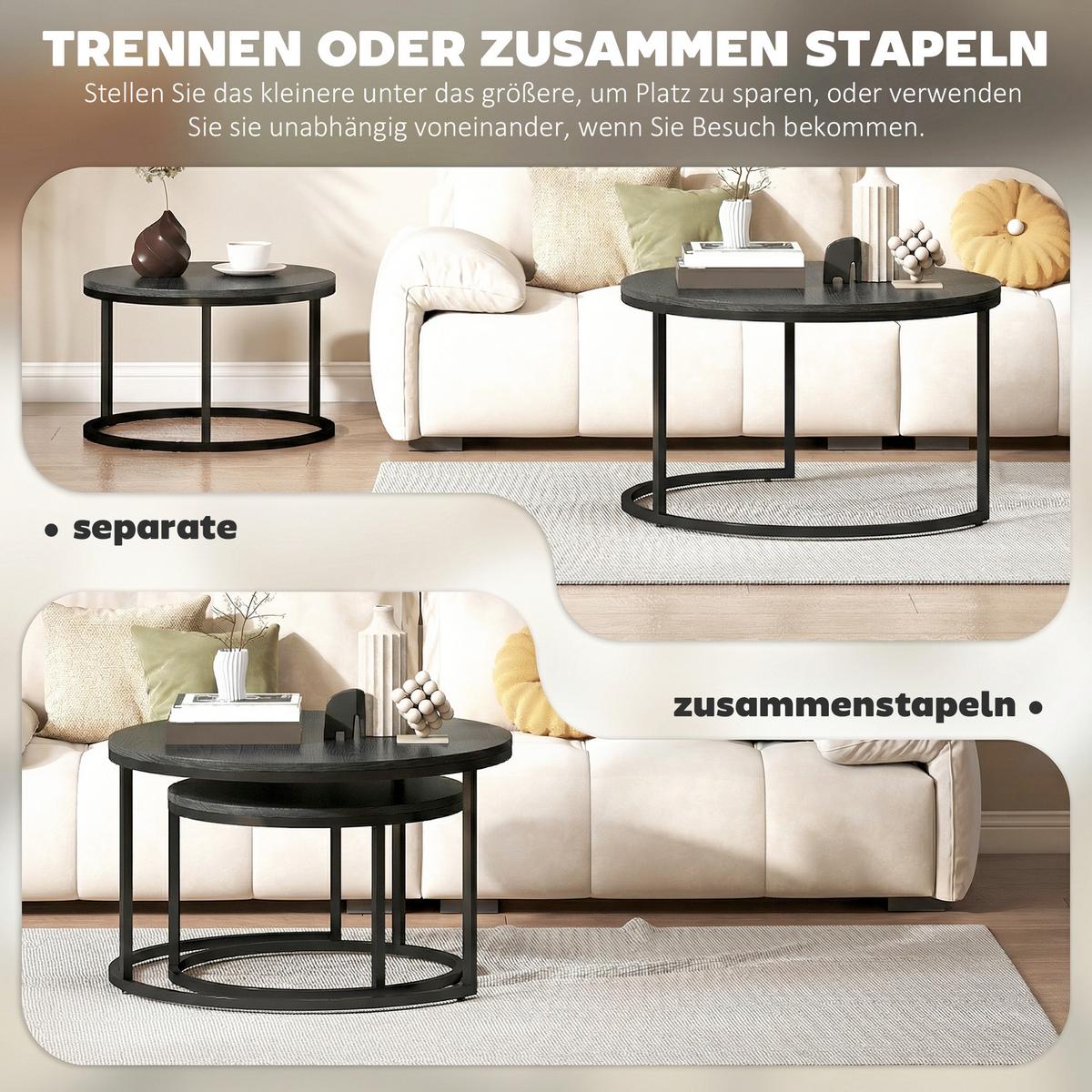COUCHTISCH 2er Set Metall MDF Schwarz - Schwarz, Metall (78.5/78.5/46.5cm) - HOMCOM