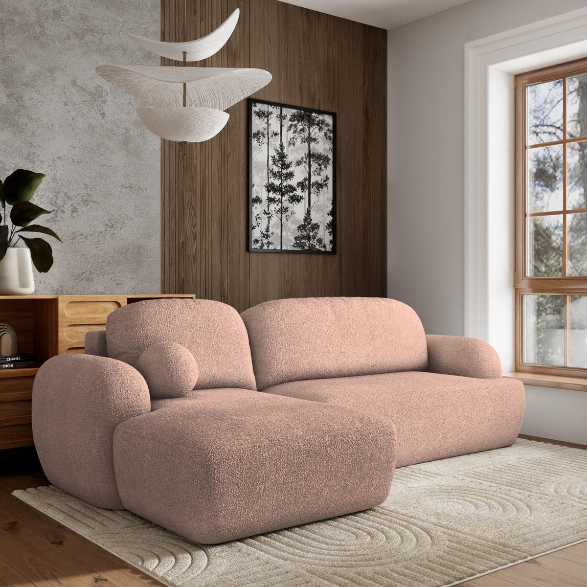 ECKSOFA MODENZA N L-S Rosa Boucle-Stoff mit Schlaffunktion - Schwarz/Rosa, Holz/Kunststoff (266/148cm) - MASSENO