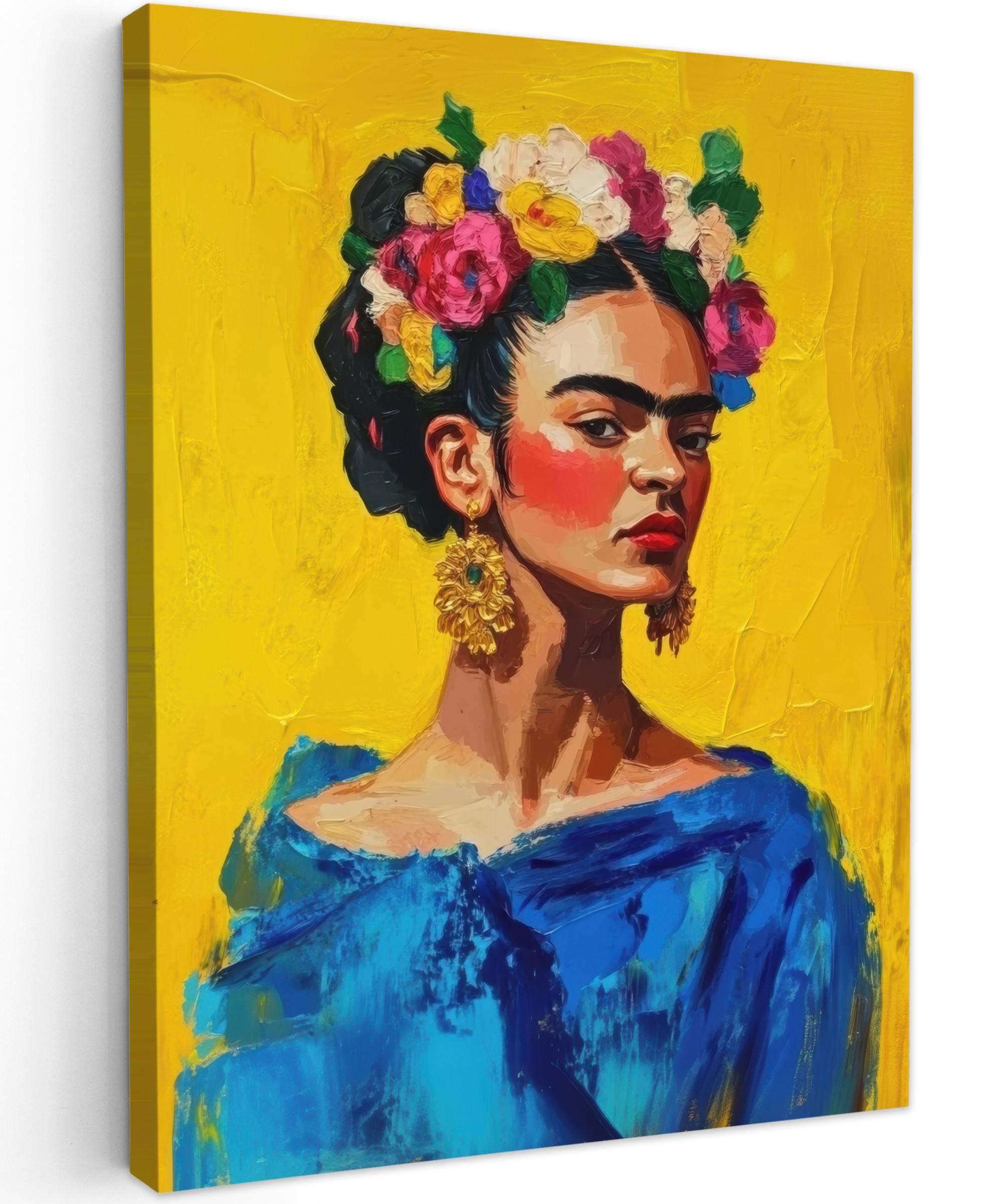 LEINWANDBILD Frida Kahlo - Frau - Gelb - Blau - Blumen Wandbild Wohnzimmer 60x80 cm - Gelb, Textil (60/80cm) - MuchoWow
