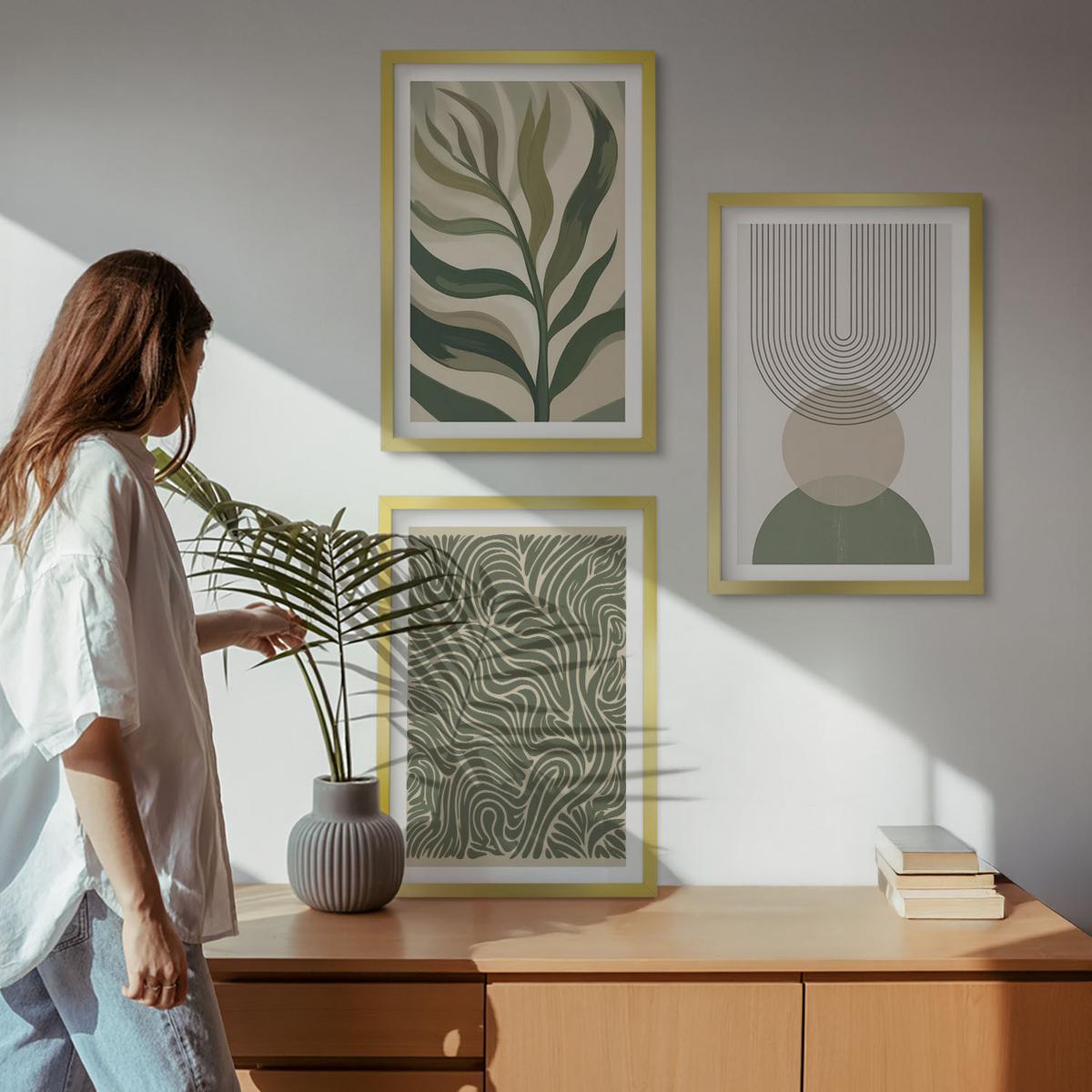 BILDER SET 3er Set - 40x60 cm Goldrahmen - Geometrische Blattformen - Goldfarben, Kunststoff (40/60cm) - TULUP