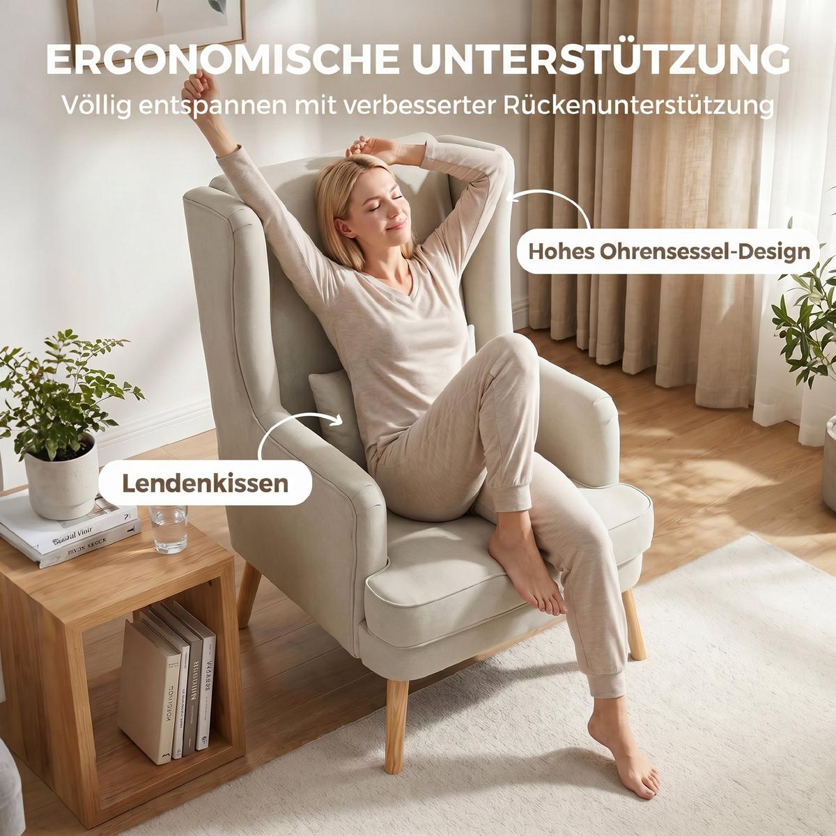 OHRENSESSEL Leinen Gummiholz Beige - Beige/Naturfarben, Holz/Textil (77/110/77cm) - HOMCOM