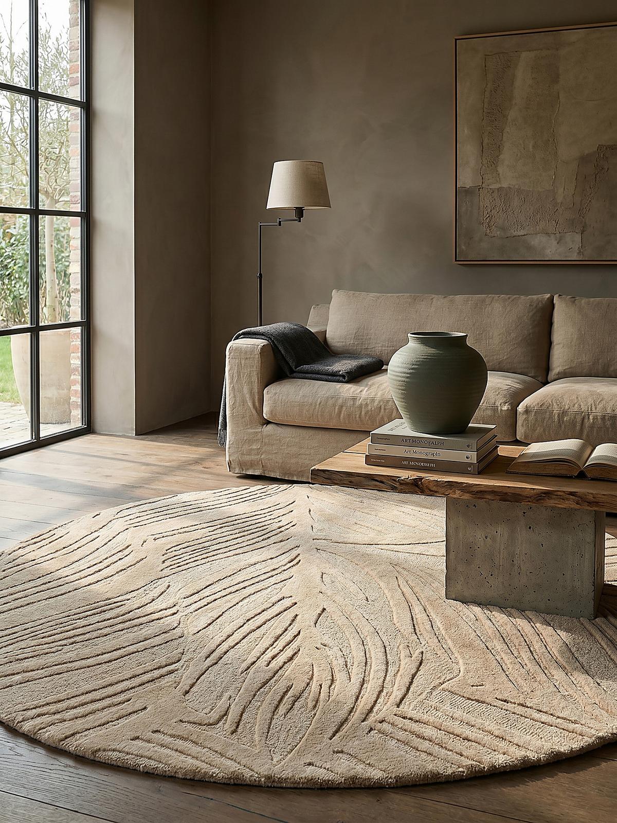 WOLLTEPPICH LEVEN, floral, Beige, Ø 160 cm - Beige, Textil (160/160cm) - KADIMA DESIGN