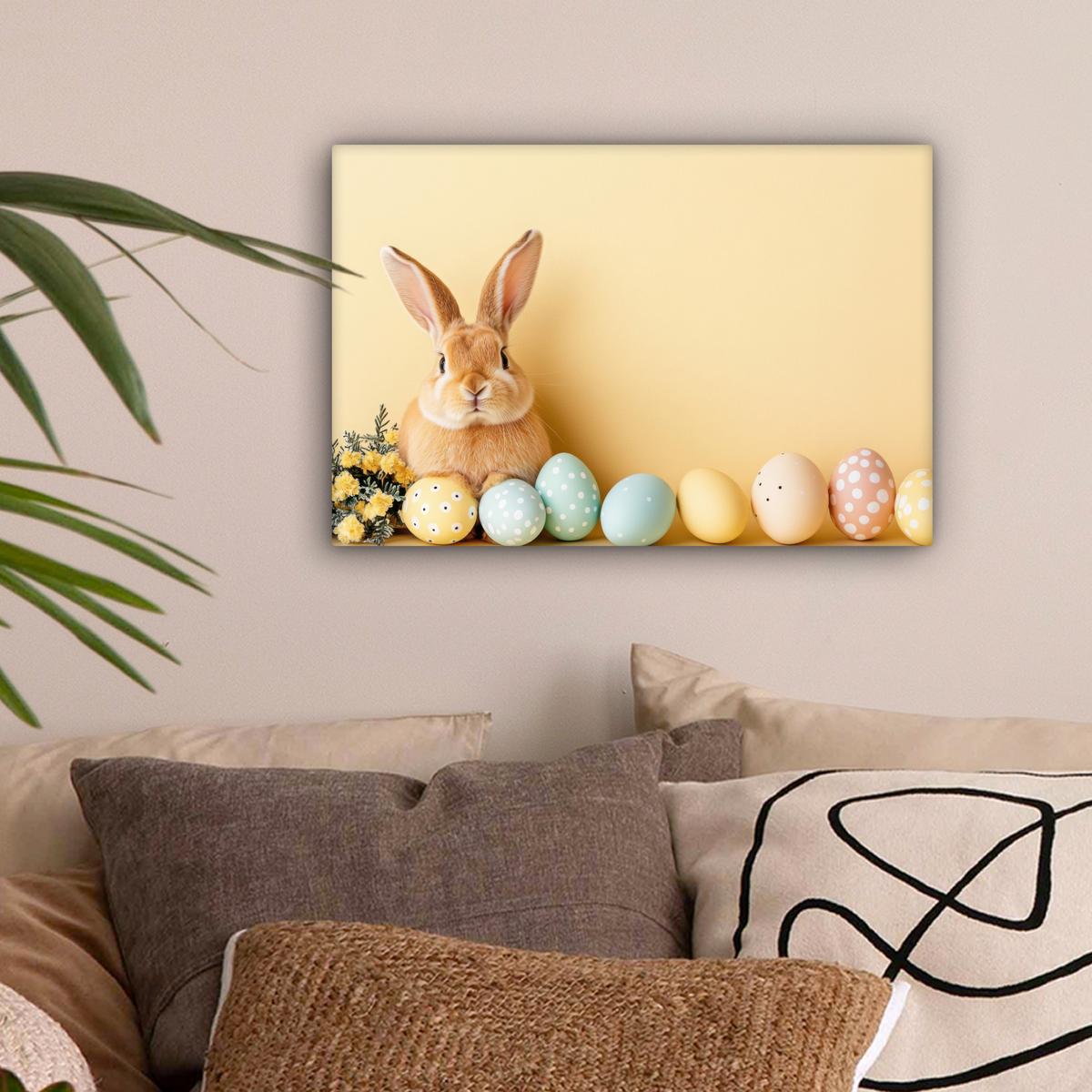 LEINWANDBILD Eier - Kaninchen - Pastellfarbtöne Deko Schlafzimmer 30x20 cm - Hellgelb, Textil (30/20cm) - MuchoWow