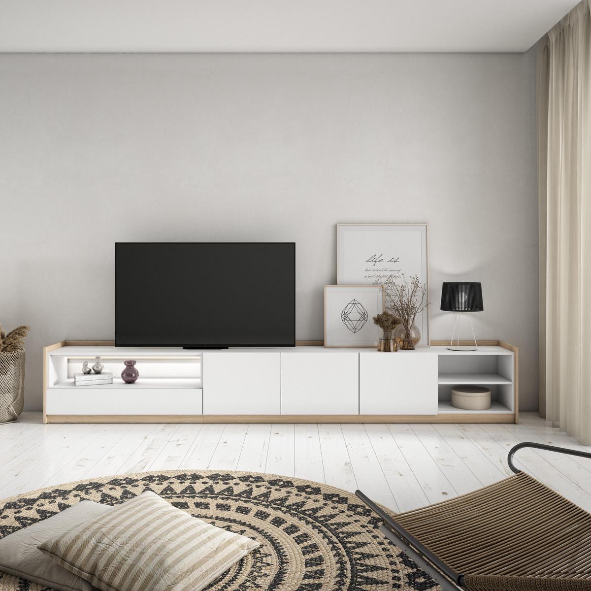 LOWBOARD, Weiß und Eiche, 310/37/50cm, mit Led - Weiß, Holzwerkstoff (310/50/37cm) - Skraut Home
