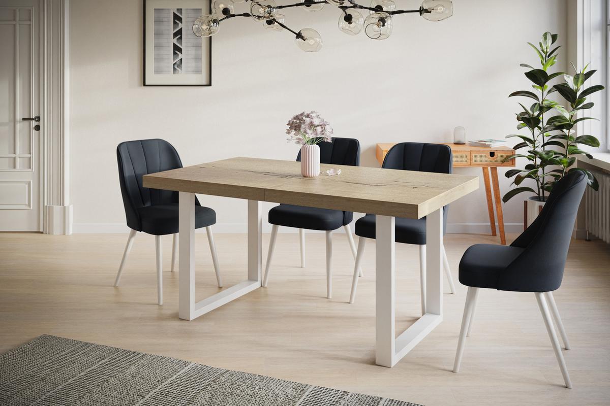 INDUSTRIELLER Esszimmertisch LOFT-U, Größe: 160X90X77 cm, Wohnzimmertisch Farbe: HALIFAX, mit Metallbeinen in Farbe Weiß - Naturfarben/Weiß, Holzwerkstoff (160/90/77cm) - Alpi-Möbel