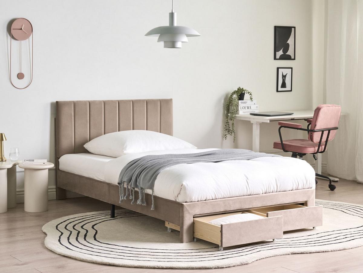 BETT mit Schubladen 120/200 cm Samtstoff Taupe Lonzac - Taupe, Textil (120/200cm) - Beliani