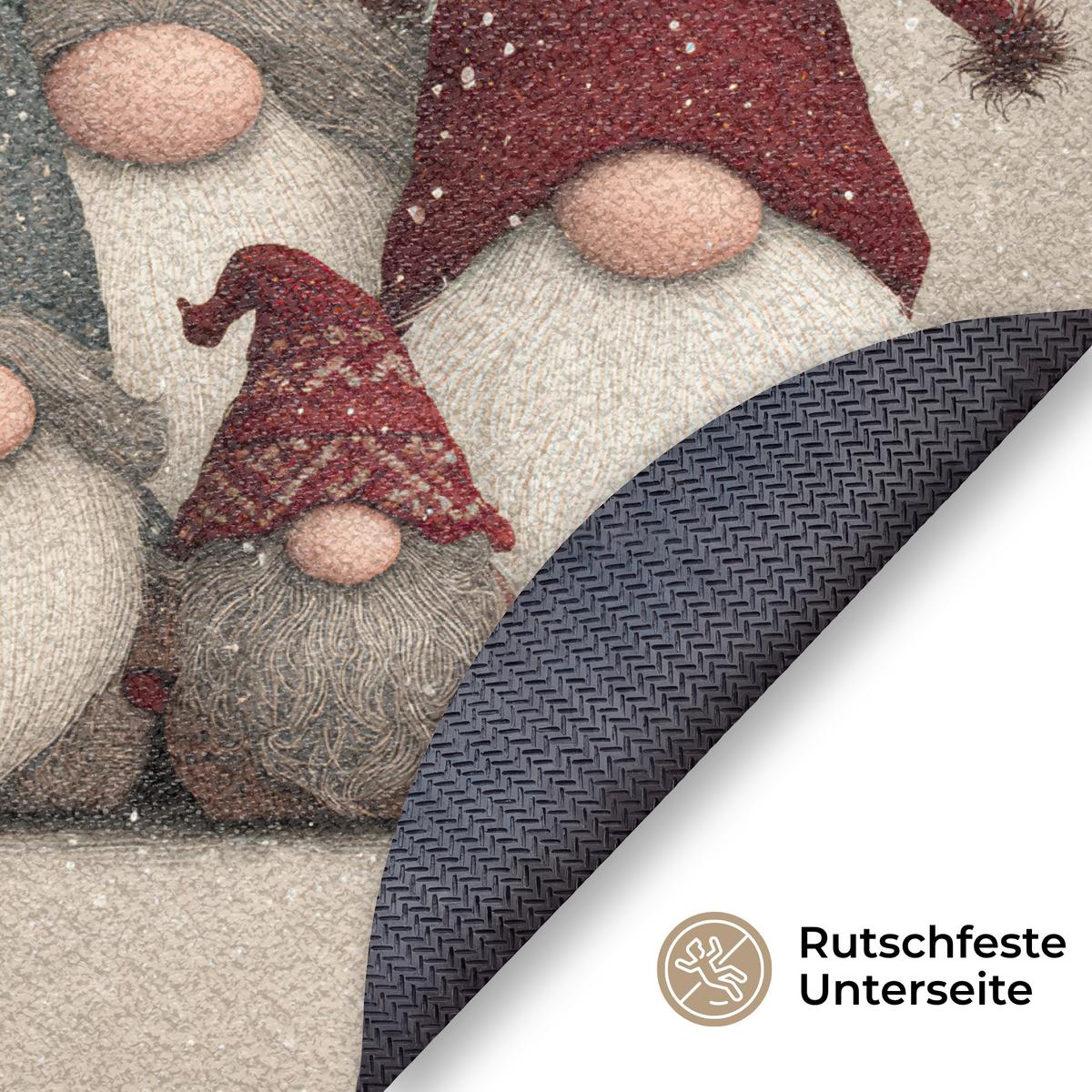 FUSSMATTE Wichtel - Weihnachten - Schnee - Zipfelmützen Türmatte 120x120 cm - Beige, Kunststoff (120/0.4cm) - MuchoWow