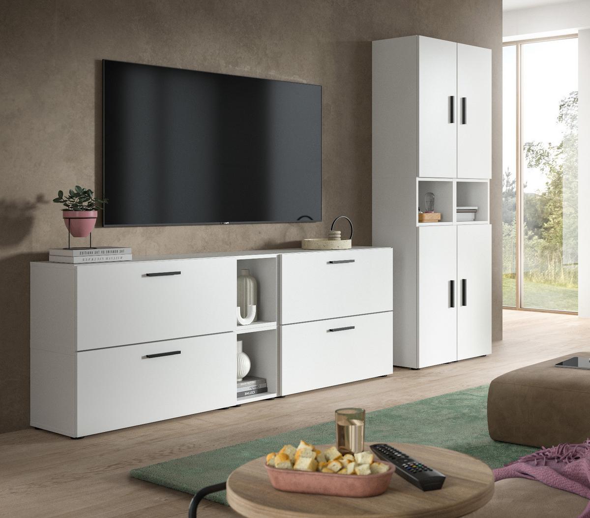 WOHNWAND weiß 256 x 178 cm, Schrankwand mit Soft-Close - Schwarz/Weiß, Holzwerkstoff/Kunststoff (256/151/34cm) - Inn.Furn