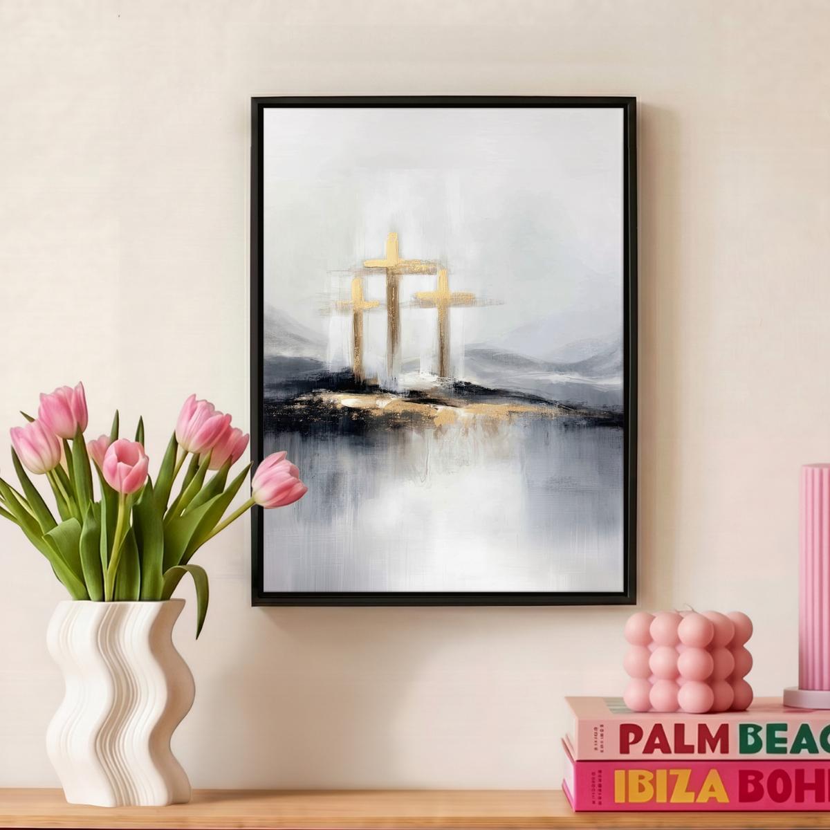 LEINWAND Bilder mit Rahmen - Abstrakt - Malerei - Christentum - Kreuz - 30x40 - Weiß, Textil (30/40cm) - MuchoWow