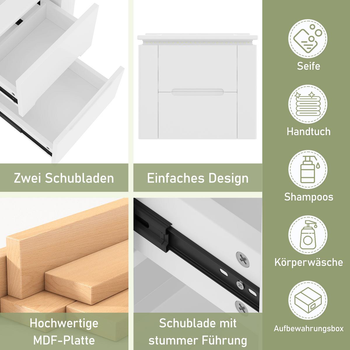 WASCHTISCH mit Unterschrank Weiß Wandhängend mit LED-Licht, 2 Schubladen & Stauraum - Weiß, Holzwerkstoff (61/48.5/46cm) - Urban Meuble
