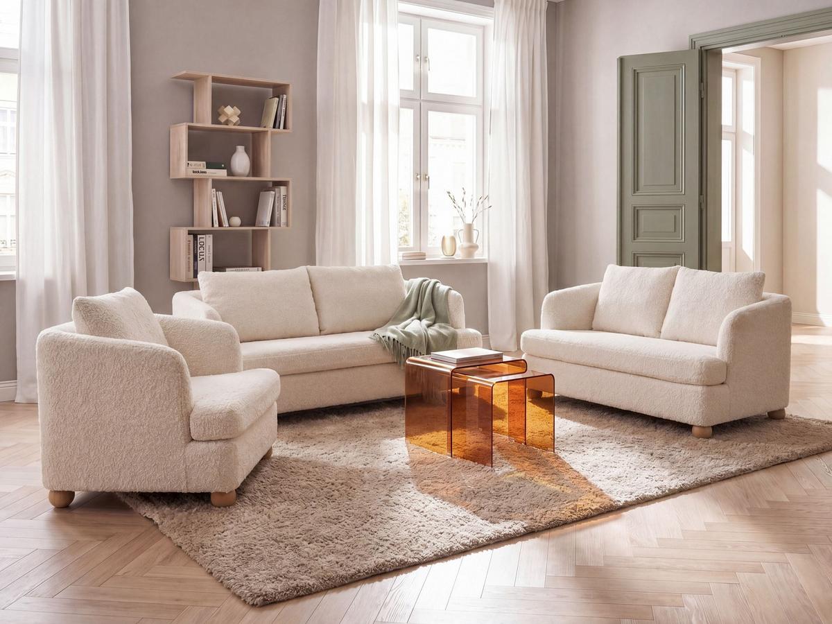 SOFA-SET 6-Sitzer Bouclé Cremeweiß Rattvik - Hellbraun/Weiß, Textil (198/86/82cm) - Beliani