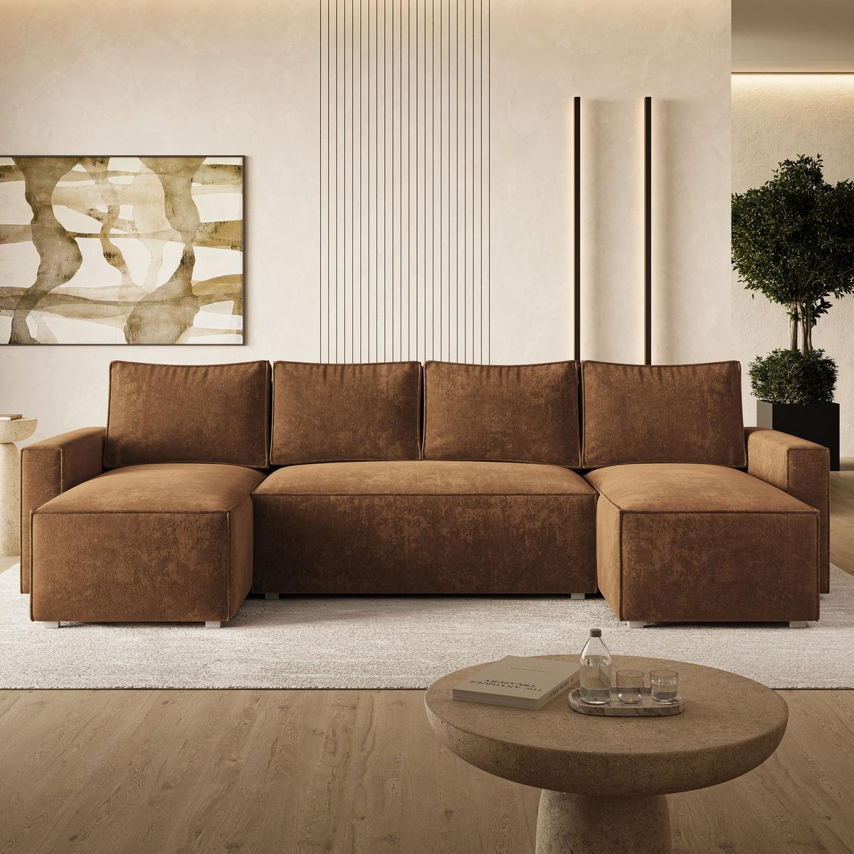 WOHNLANDSCHAFT ASPRA LM Braun Chenille mit Schlaffunktion - Braun, Holz (295/85/140cm) - MASSENO