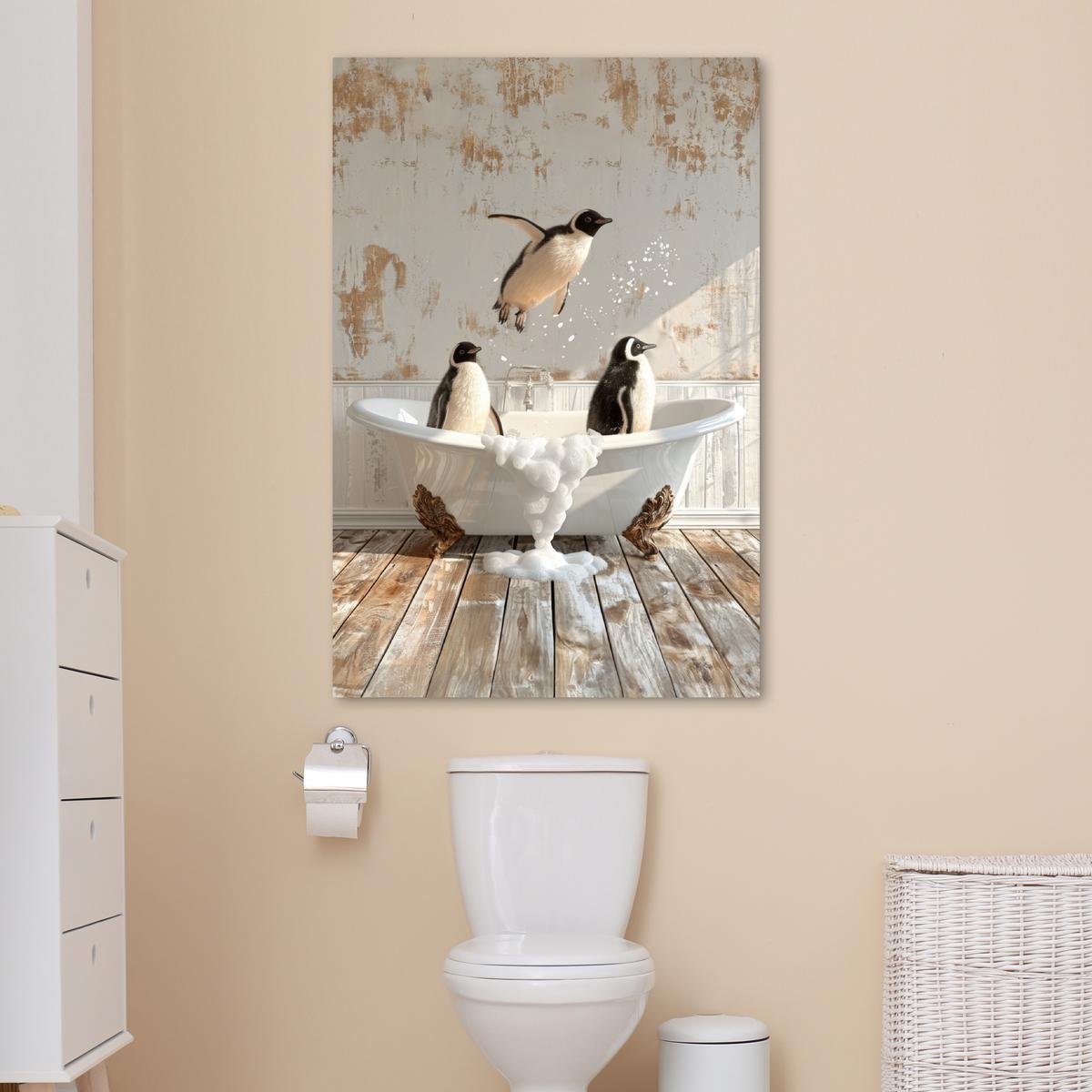 LEINWANDBILD Vintage - Pinguin - Badewanne - Schaumstoff Deko XXL 80x120 cm - Schwarz, Textil (80/120cm) - MuchoWow