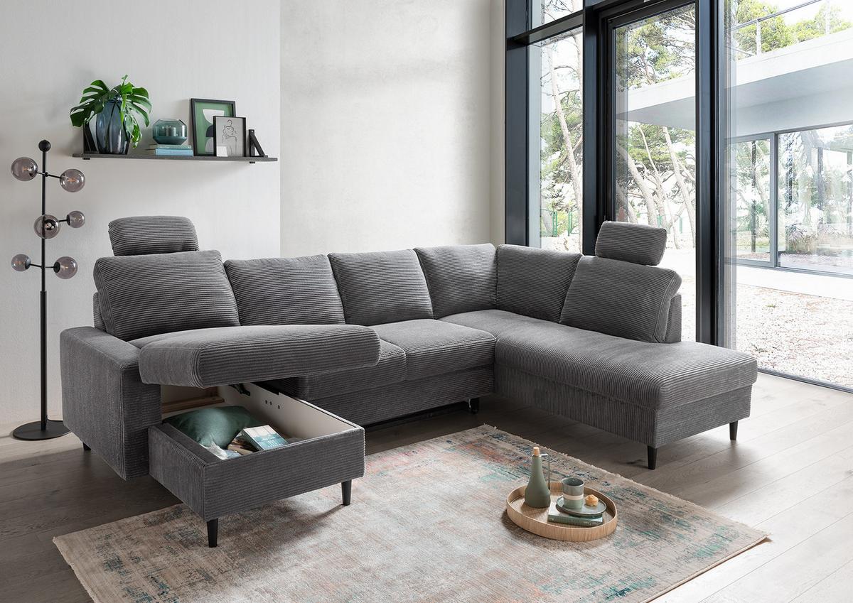 WOHNLANDSCHAFT mit Schlaffunktion Bettkasten Wellenunterfederung, 2 Kopfstützen, U-Form B305/T200/H88 cm, Cord Dunkelgrau / 17206 - Dunkelgrau/Anthrazit, Holz/Textil (305/88/200cm) - luma-home