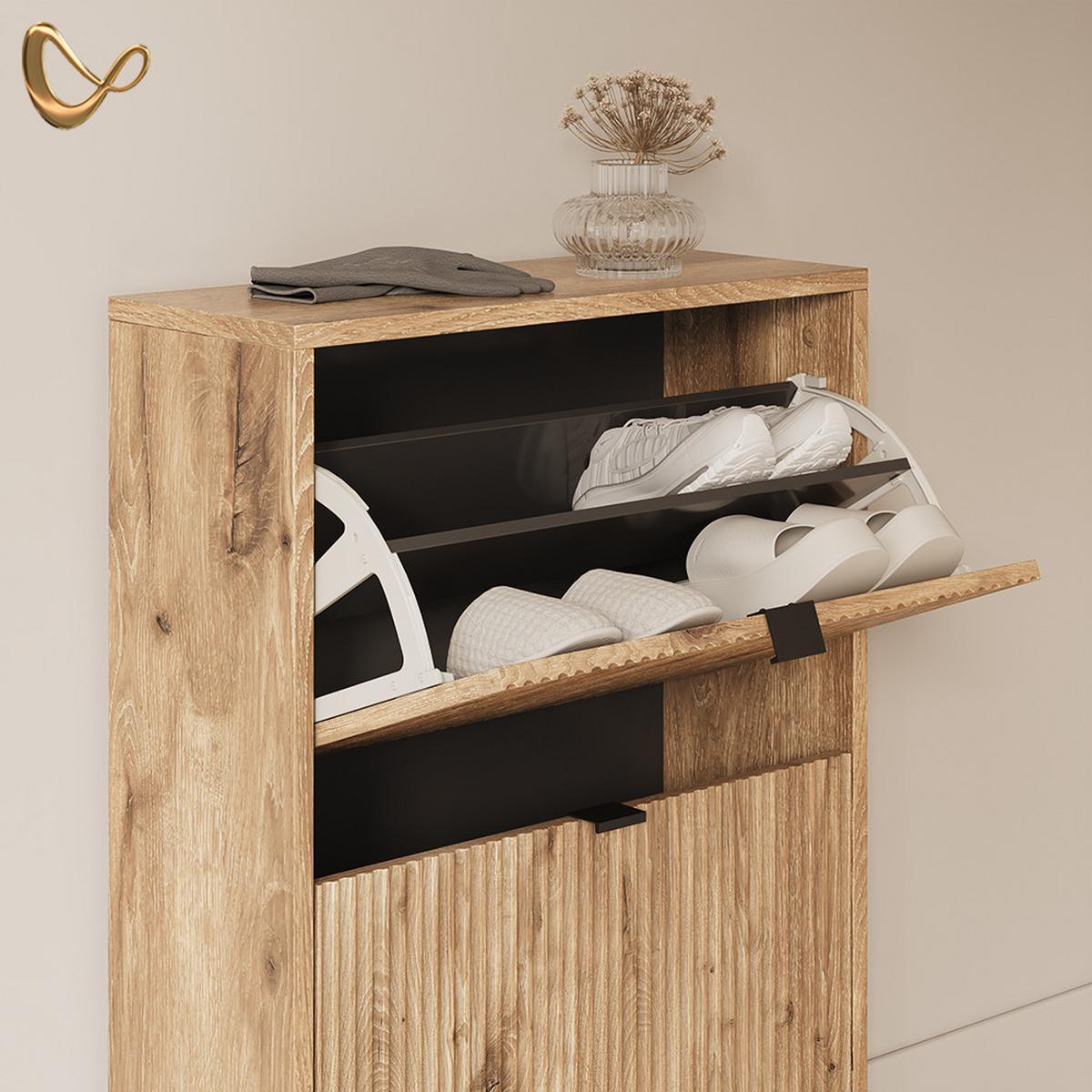 SCHUHKIPPER Aterno Viking Oak 60 x 92 cm mit 2 Klappschubladen - Eichefarben, Holzwerkstoff (60/92/24cm) - Livinity®