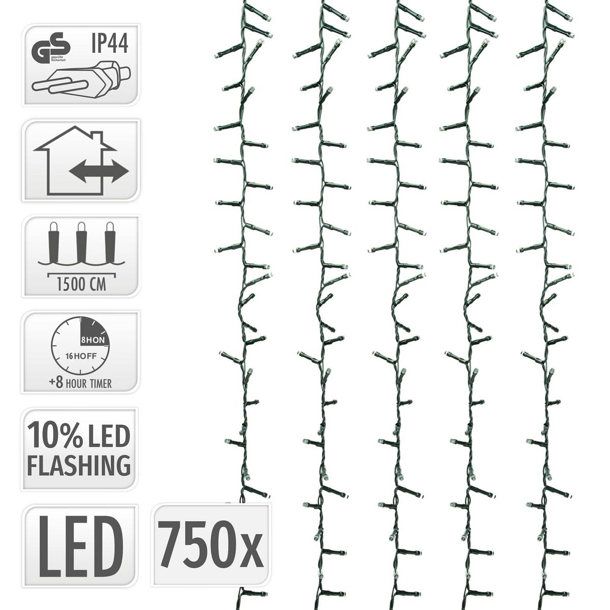 LED LICHTERKETTE Cluster Außen Innen 15 m Weihnachtsbeleuchtung 750 LED Warmweiß - Schwarz, Kunststoff (1800cm) - ECD-Germany