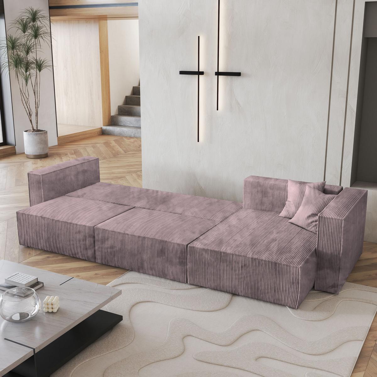 ECKSOFA TOLMO P Lila Kordstoff mit Schlaffunktion - Lila/Grau, Holz/Kunststoff (347/148cm) - MASSENO
