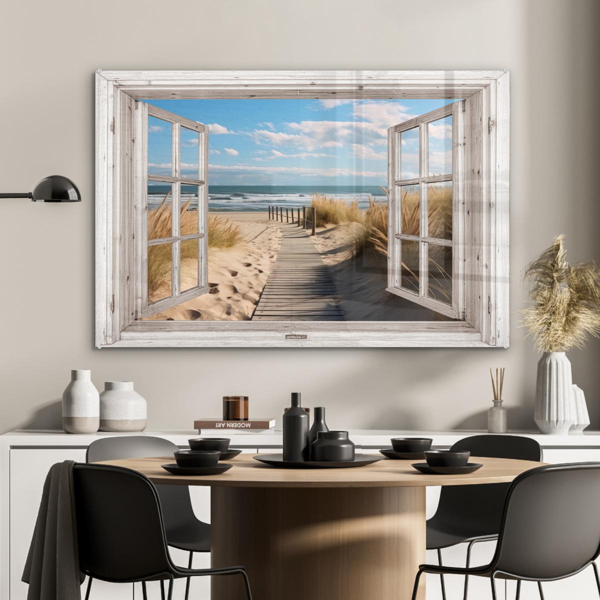 ACRYLGLASBILD Fenster - Meer - Küste - Natur - Ausblick - Strand - Wattenmeer Wandbild Schlafzimmer 120x80 cm - Beige, Glas (120/80cm) - MuchoWow