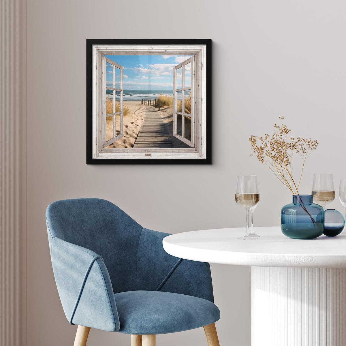 POSTER MIT RAHMENGERAHMTES BILD Fenster - Meer - Küste - Natur - Ausblick - Strand - Wattenmeer 40x40 cm - Beige, Papier (40/40cm) - MuchoWow