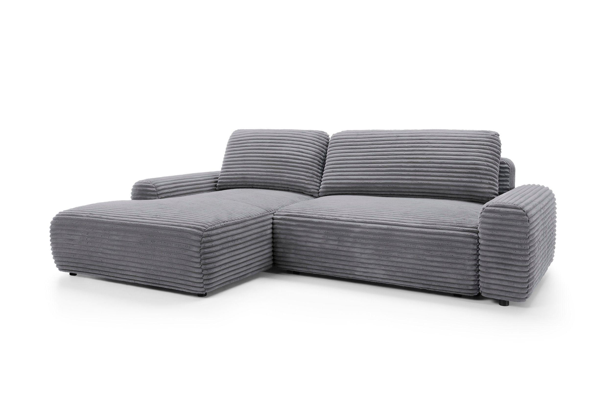 ECKSOFA OSSO Grau Velours-Stoff mit Schlaffunktion - Grau, Holz (264/162cm) - MASSENO