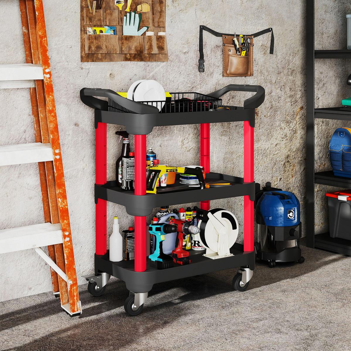 WERKSTATT-ROLLWAGEN mit 3 Ebenen Werkstattwagen mit Griff für Garage Schwarz - Schwarz, Kunststoff (43/96/81cm) - HOMCOM