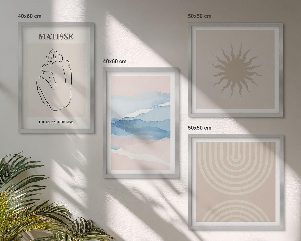 BILDER SET 4er Set - 50x50 cm & 40x60 cm Silberner Rahmen - Linien, Wellen, Pastellfarben, minimalistisch - Silberfarben, Kunststoff (50/50cm) - TULUP