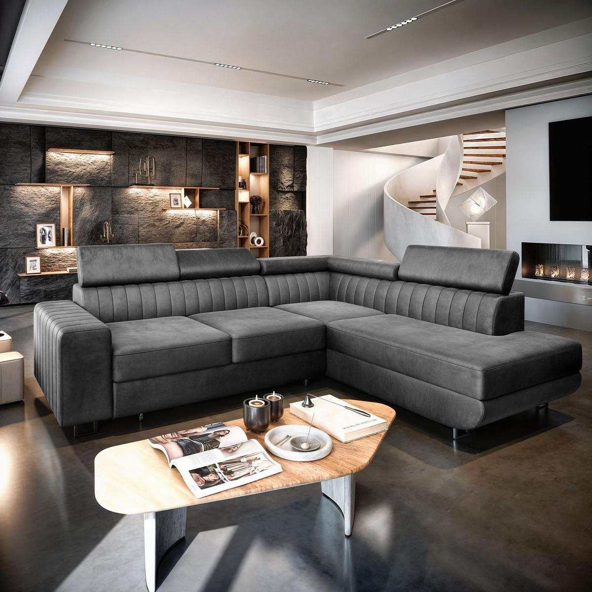 ECKSOFA NOLA R-S Grau Velours-Stoff mit Schlaffunktion - Silberfarben/Grau, Holz/Textil (253/190cm) - MASSENO
