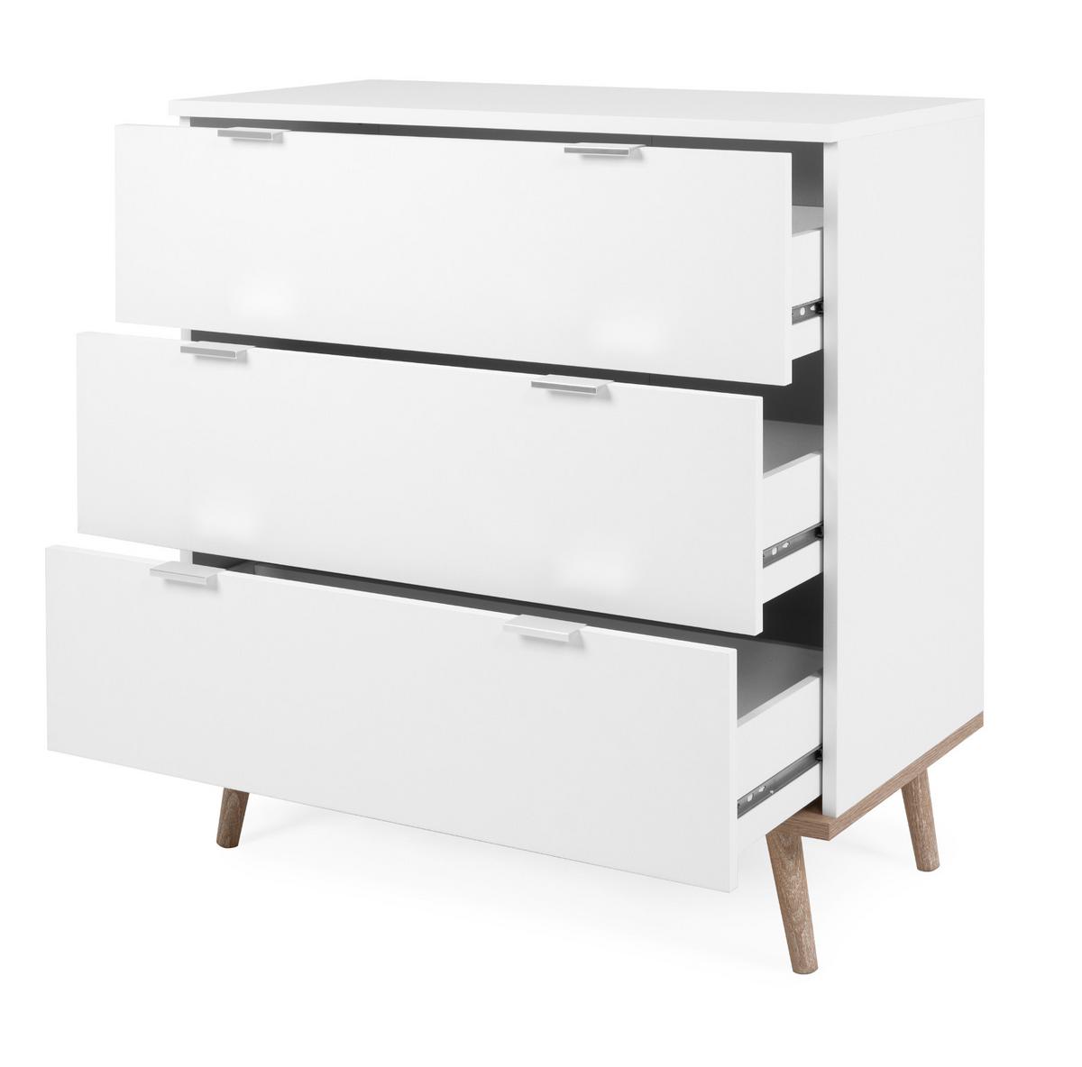 SCHUBKASTENKOMMODE weiß matt, Eiche Sonoma massiv 80 cm, Kommode skandinavisch - Chromfarben/Eichefarben, Holz/Holzwerkstoff (80/86.5/40cm) - Furn.Design
