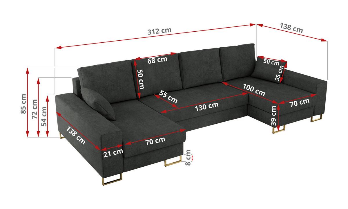 WOHNLANDSCHAFT DORIAN U Struktur Dunkelgrau - Dunkelgrau/Goldfarben, Textil/Metall (312/85/138cm) - MKS