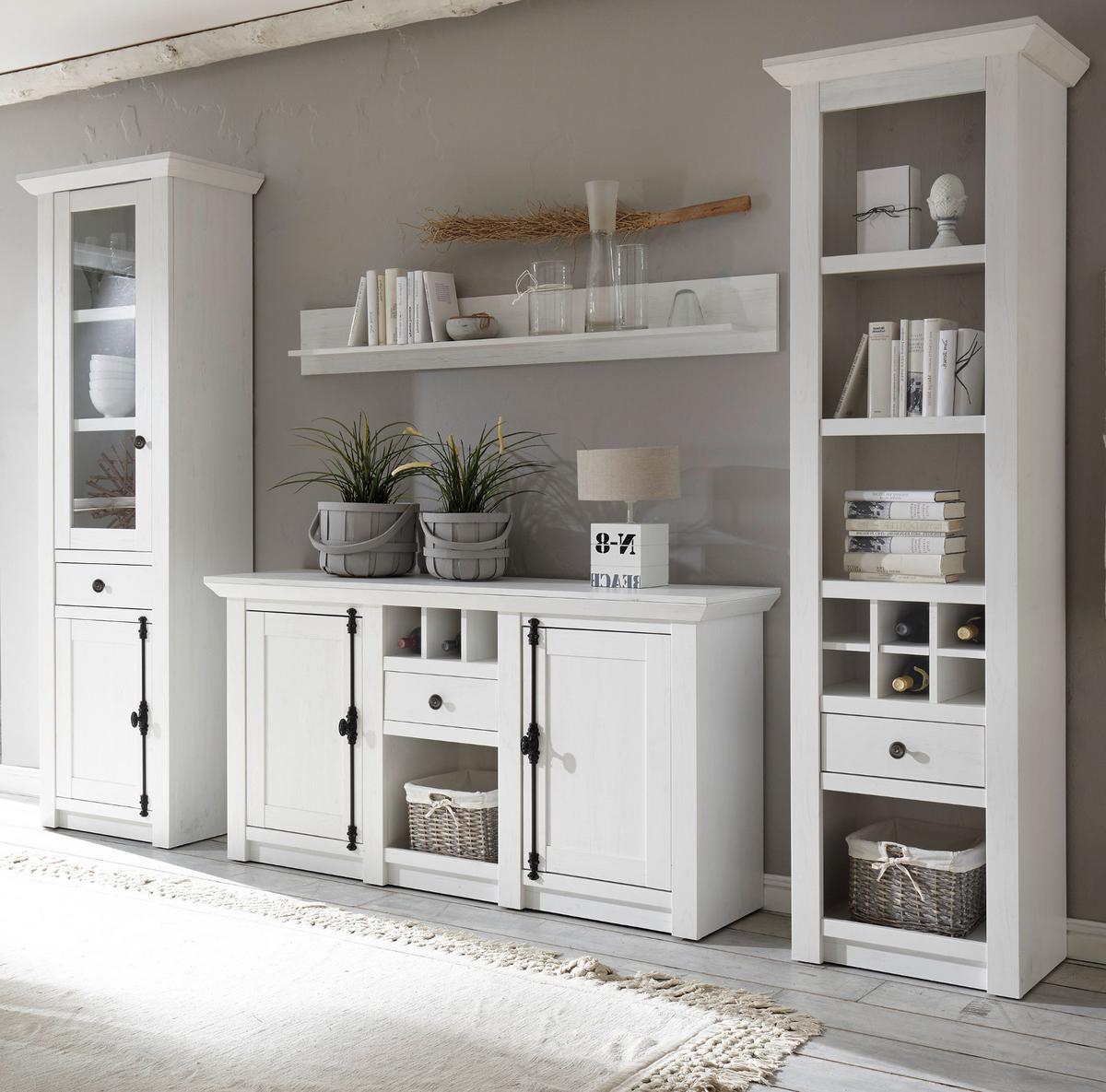 WOHNWAND 4-teilig Pinie weiß 290 cm, Wohnkombination im Landhaus-Stil - Schwarz/Weiß, Glas/Holzwerkstoff (293/207/45cm) - Furn.Design