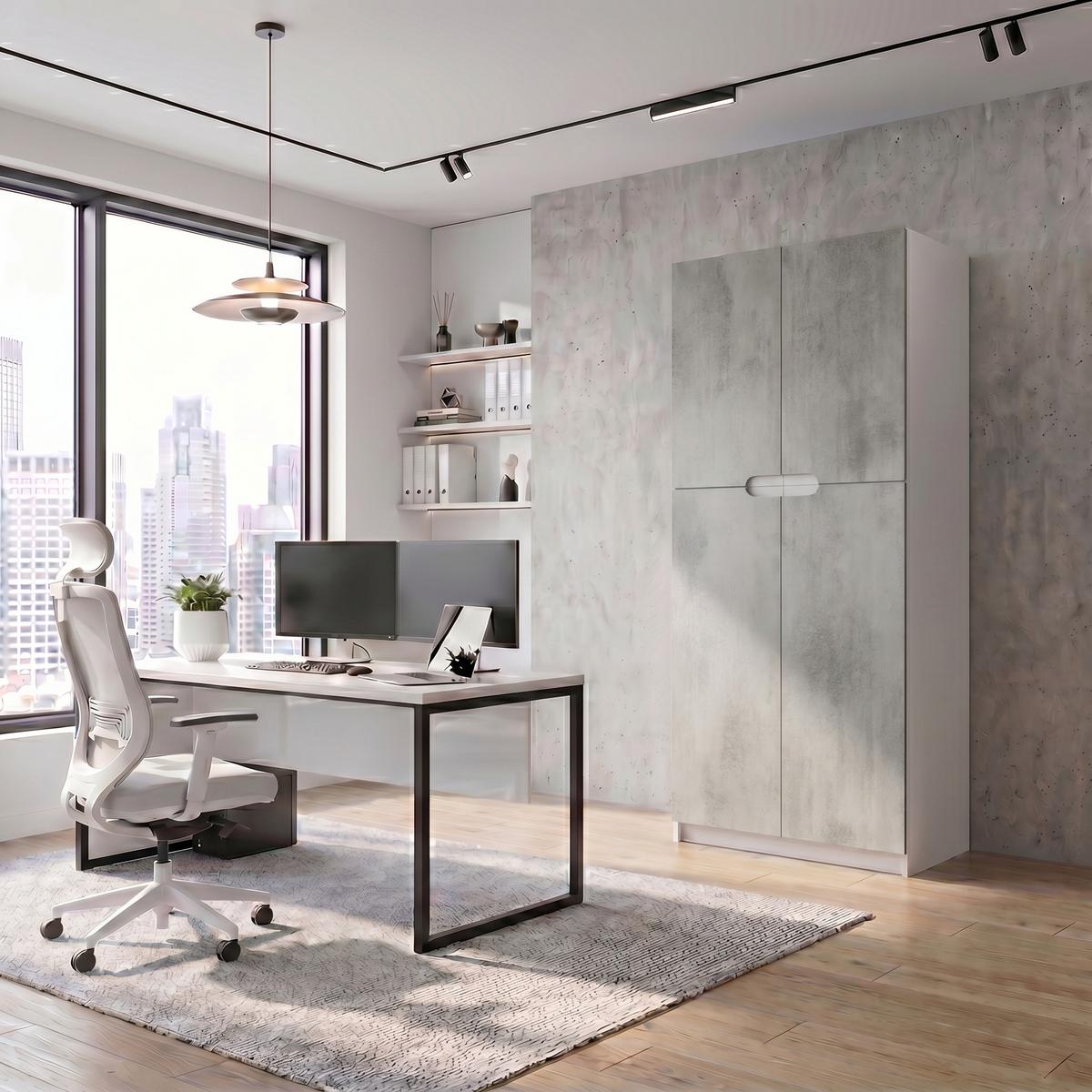 BÜROSCHRANK Logan Fronten in Beton Oxid Optik - Hellgrau, Holzwerkstoff (82/184/37cm) - Vladon