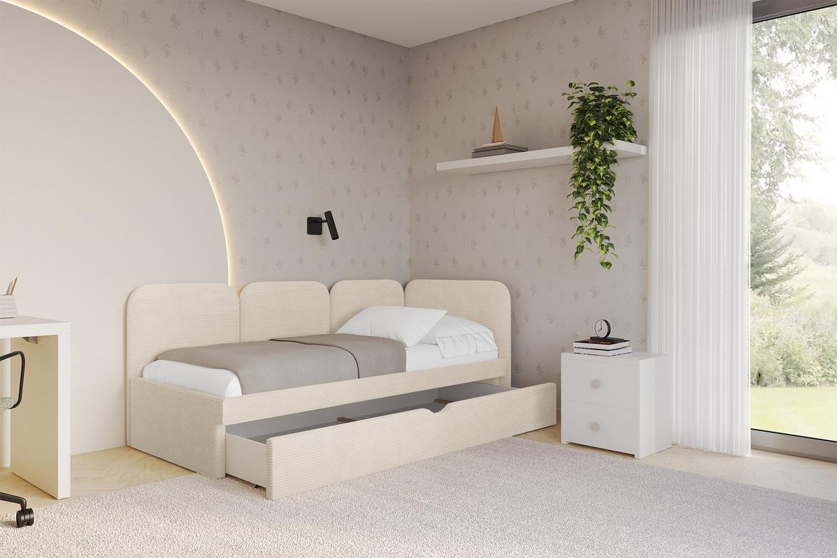 EINZELLBETT Jugendbett mit Bettkasten und Matratze H3/H4, Links - ALVY 90x200 Beige - Creme, Holzwerkstoff/Textil (90/200cm) - ALTDECOR