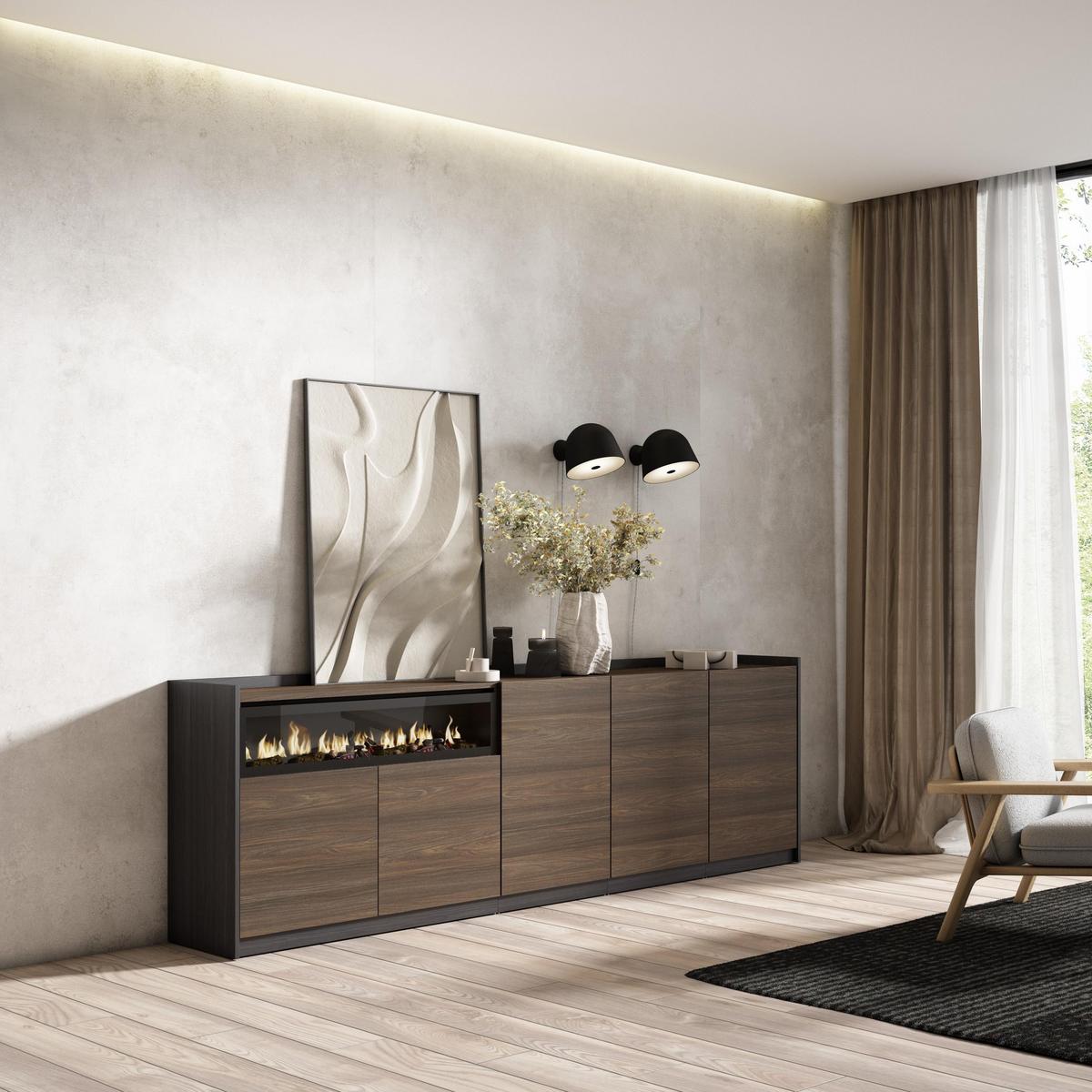 SIDEBOARD, Highboard, Dunkler Eiche und Schwarz, Elektrokamin, 260/37/80cm - Hellbraun, Holzwerkstoff (260/80/37cm) - Skraut Home