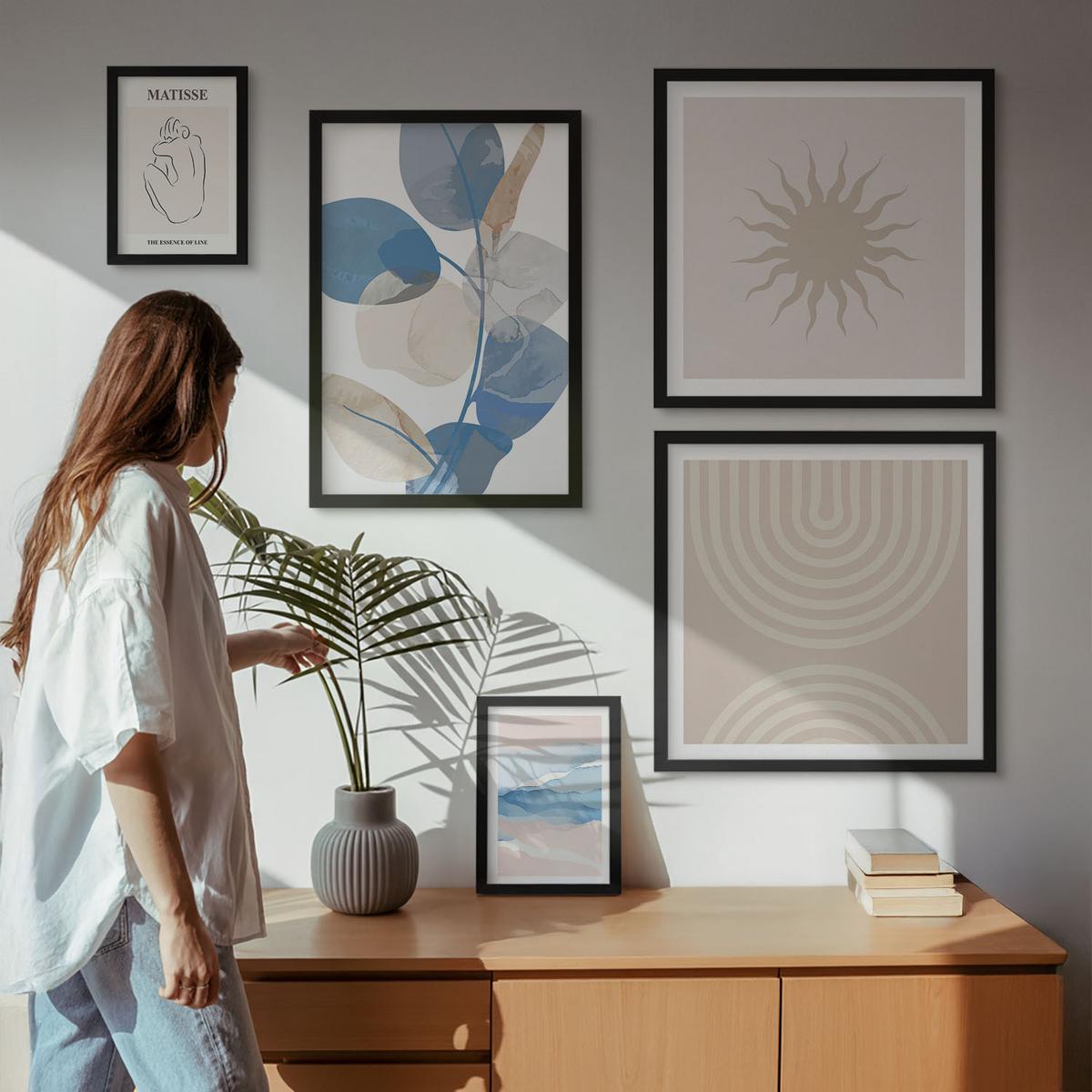 BILDER SET 5er Set - 50x50 cm & 20x30 cm & 40x60 cm Schwarzer Rahmen - Linien, Wellen, Pastellfarben, minimalistisch - Schwarz, Kunststoff (40/60cm) - TULUP